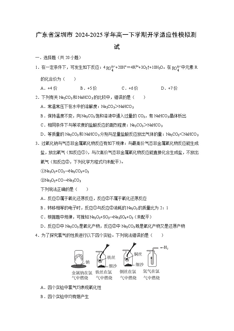 广东省深圳市2024-2025学年高一(下)开学适应性模拟测试化学试卷（解析版）第1页