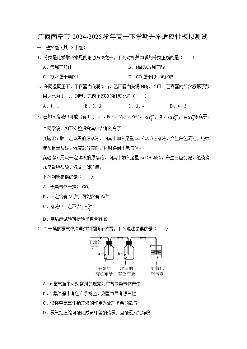 广西南宁市2024-2025学年高一(下)开学适应性模拟测试化学试卷（解析版）第1页