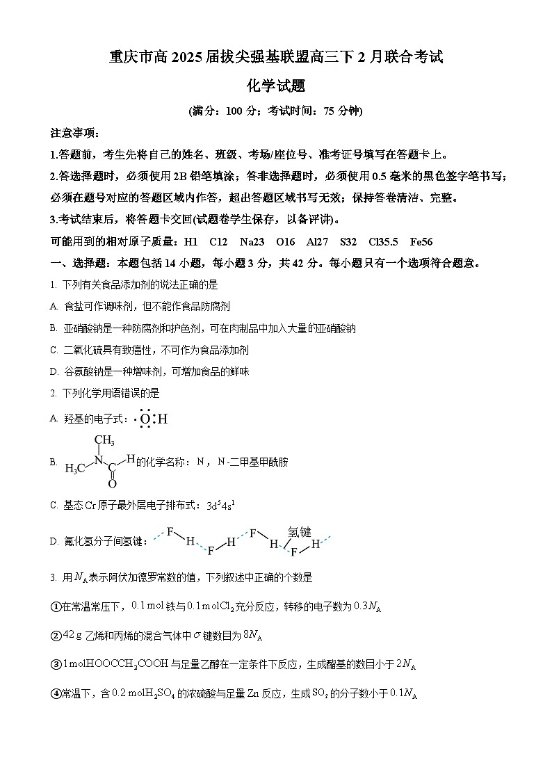 重庆市拔尖强基联盟2025届高三下学期2月联合考试化学试卷（原卷版）第1页