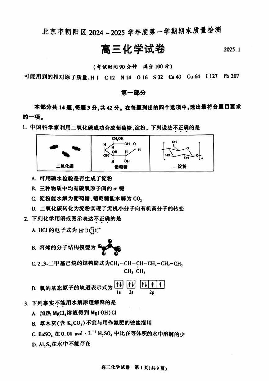2025北京朝阳高三（上）期末化学 (1)试卷第1页