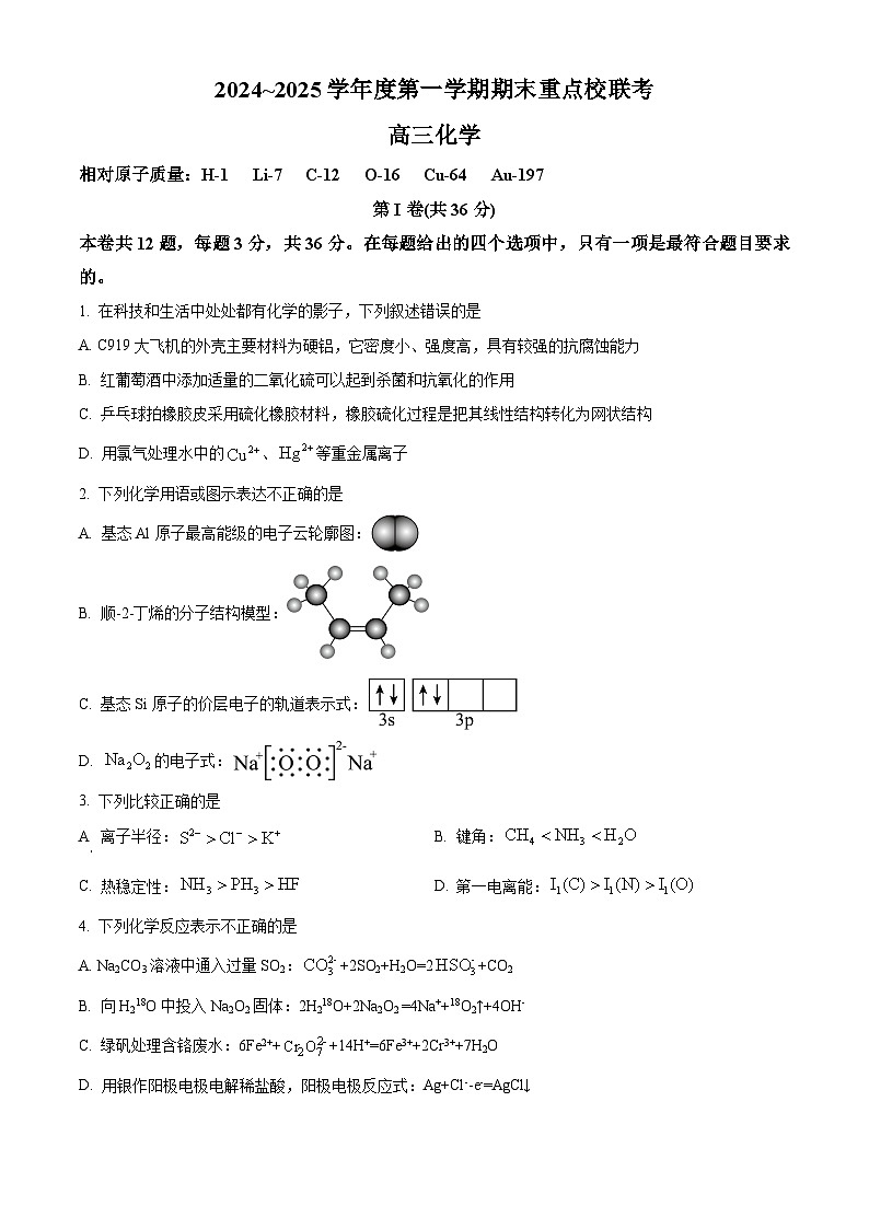 天津市五区县重点校2024-2025学年高三上学期1月期末化学试题  Word版无答案第1页