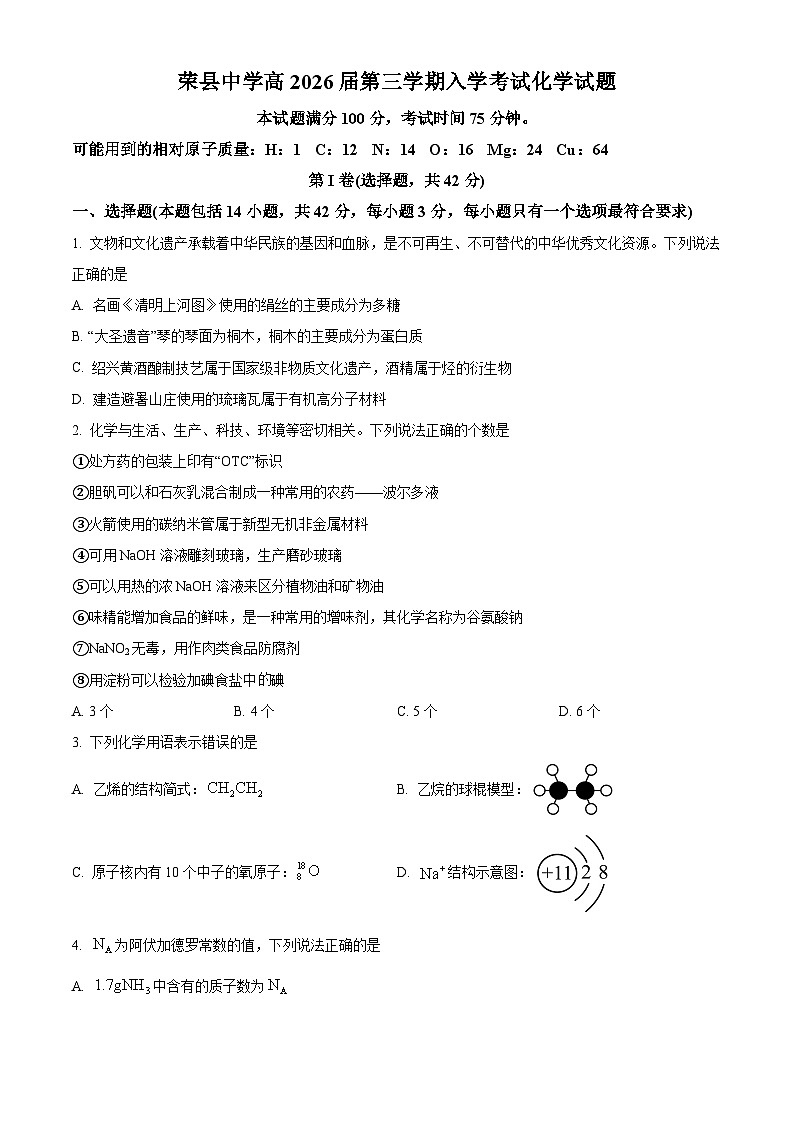  四川省自贡市荣县中学校2024-2025学年高二上学期入学考试 化学试题（原卷版）第1页