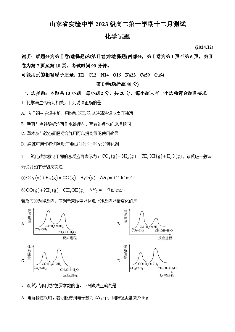 山东省济南市市中区山东省实验中学2024-2025学年高一上学期12月月考化学试题（原卷版）第1页