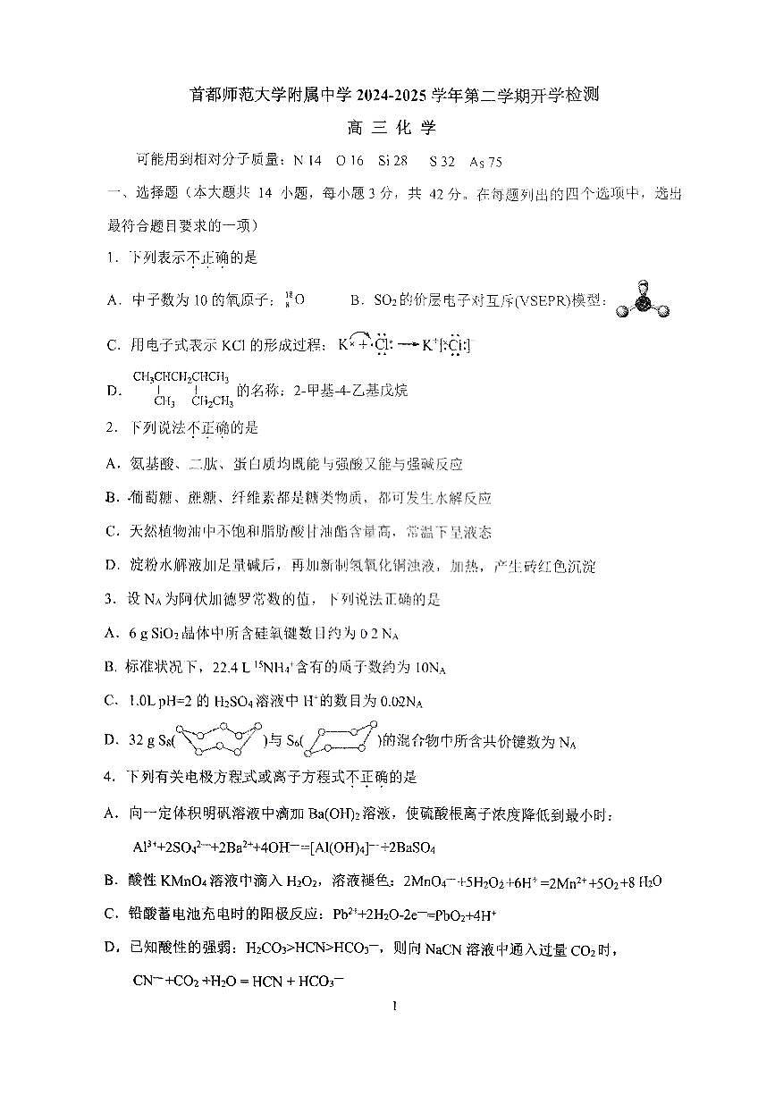 2025北京首都师大附中高三（下）开学考化学   有答案第1页
