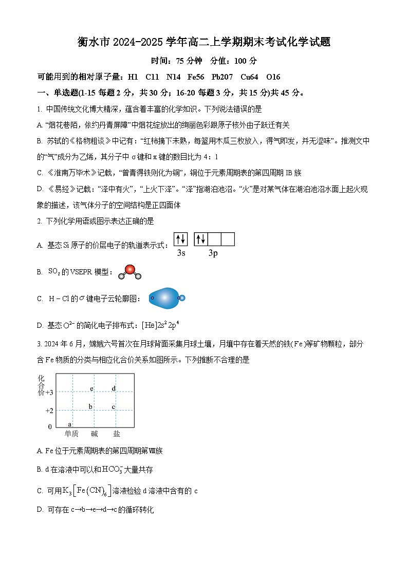 河北省衡水市2024-2025学年高二上学期期末化学试题（含答案）第1页