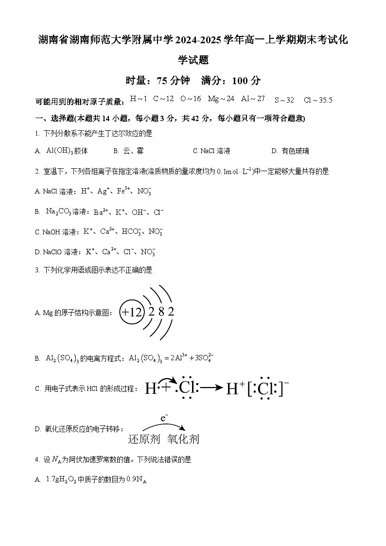 湖南省湖南师范大学附属中学2024-2025学年高一上学期期末考试 化学试题（含答案）第1页