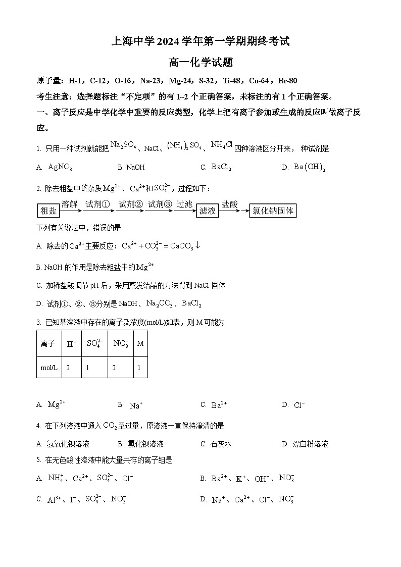 上海市上海中学2024-2025学年高一上学期期终考试化学试题（含答案）第1页