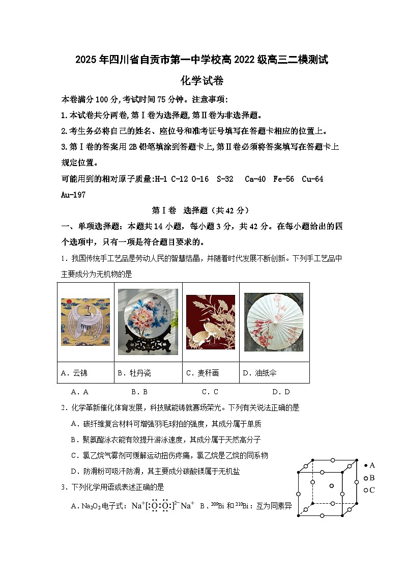 四川省自贡市第一中学2025届高三下学期二模化学试题（含答案）第1页