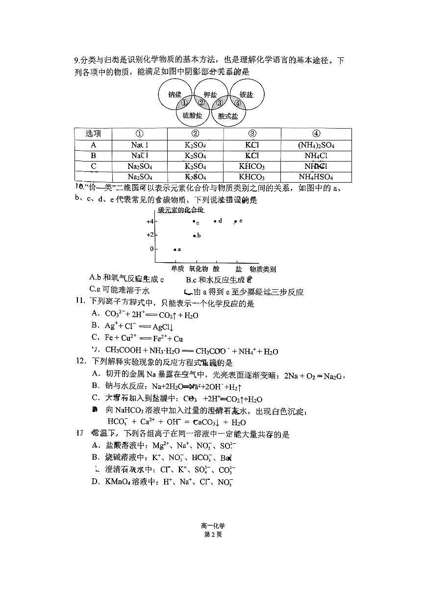 2024北京东直门中学高一（上）期中化学试卷（无答案）第2页