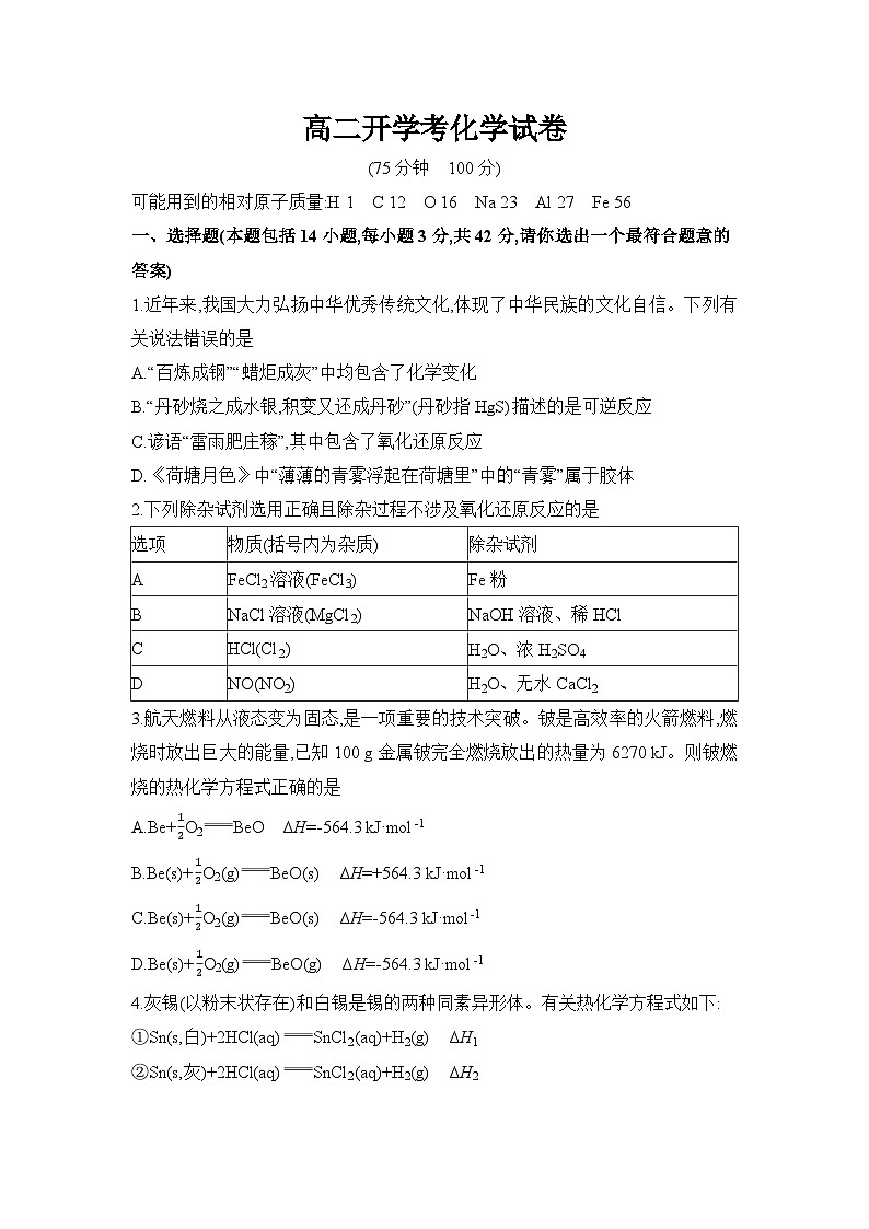安徽省阜阳市临泉田家炳实验中学2024-2025学年高二下学期开学考试 化学试题第1页