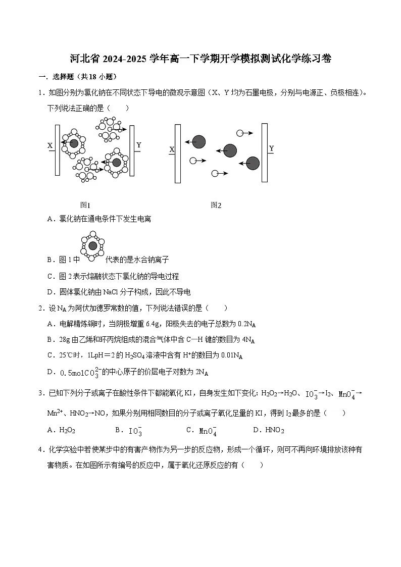 河北省2024-2025学年高一下学期开学适应性模拟测试 化学练习卷（含解析）第1页