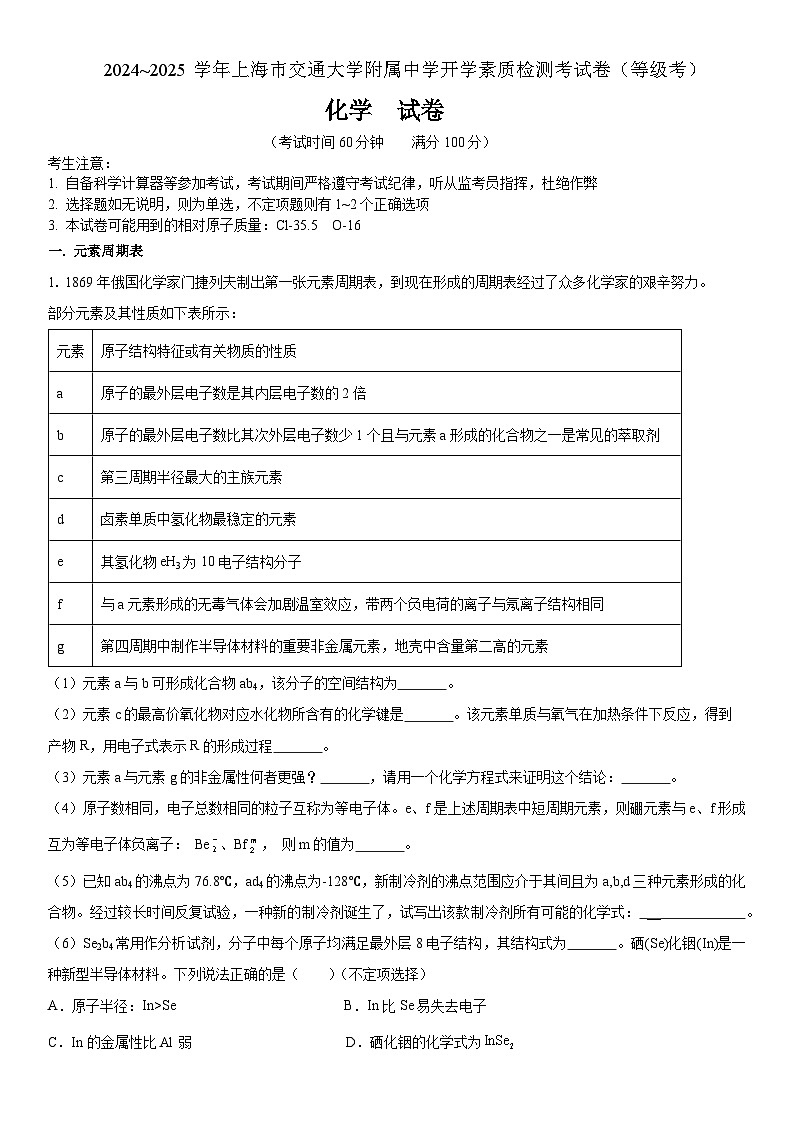 上海交通大学附属中学2024-2025学年高一下学期开学 化学试题第1页