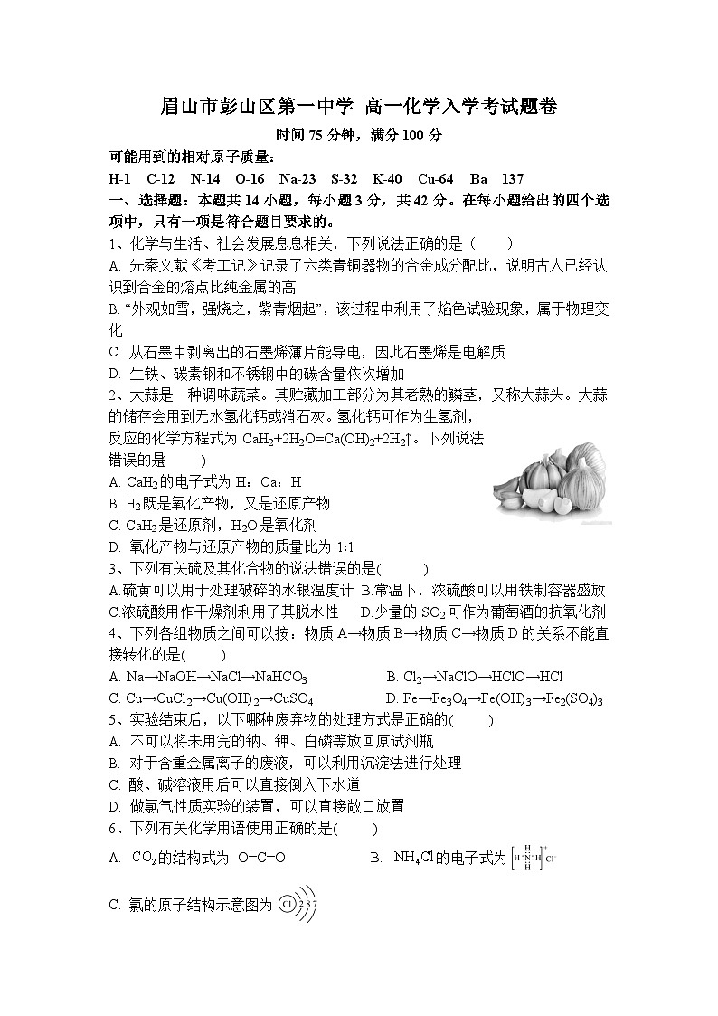 四川省眉山市彭山区第一中学2024-2025学年高一下学期开学考试 化学试题第1页