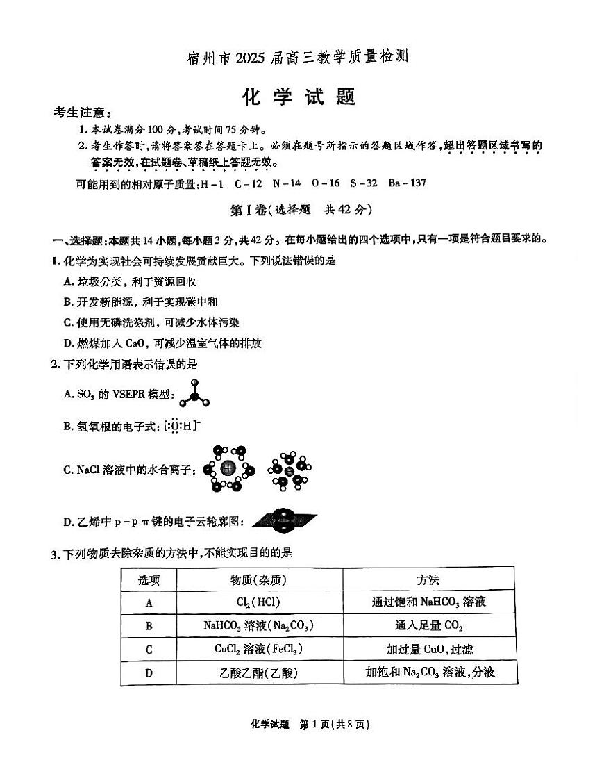 安徽省宿州市2024-2025学年高三上学期期末考试化学试题（PDF版附答案）第1页