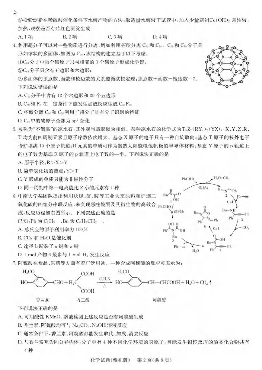 化学丨湖南省长沙市雅礼中学2025届高三下学期3月月考试卷（七）化学试卷及答案第2页