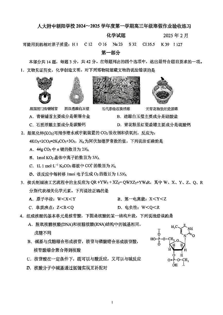 北京市中国人民大学附属中学朝阳学校2024-2025学年高三下学期开学考试化学试题【含答案】第1页