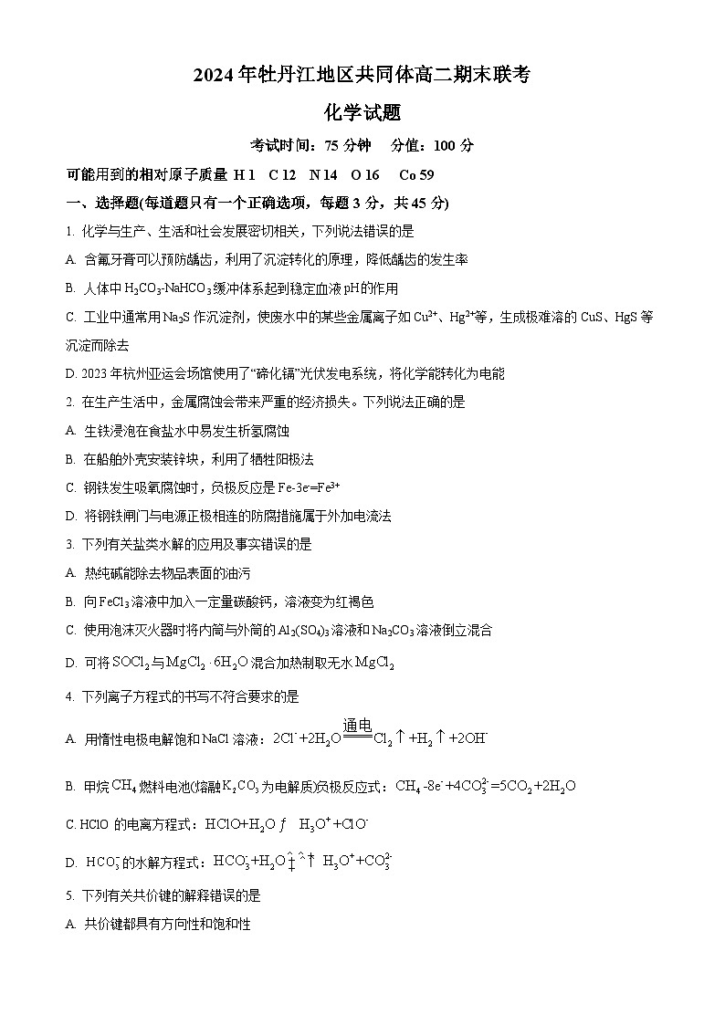 黑龙江省牡丹江地区共同体2024-2025学年高二上学期期末考试化学试卷（原卷版+解析版）第1页