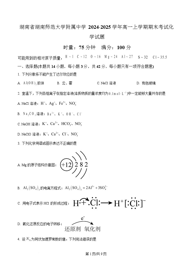 湖南省湖南师范大学附属中学2024-2025学年高一上学期期末考试 化学试题（原卷版）第1页