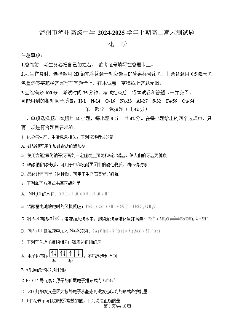 四川省泸州高级中学2024-2025学年高二上学期1月期末考试化学试题（原卷版）第1页