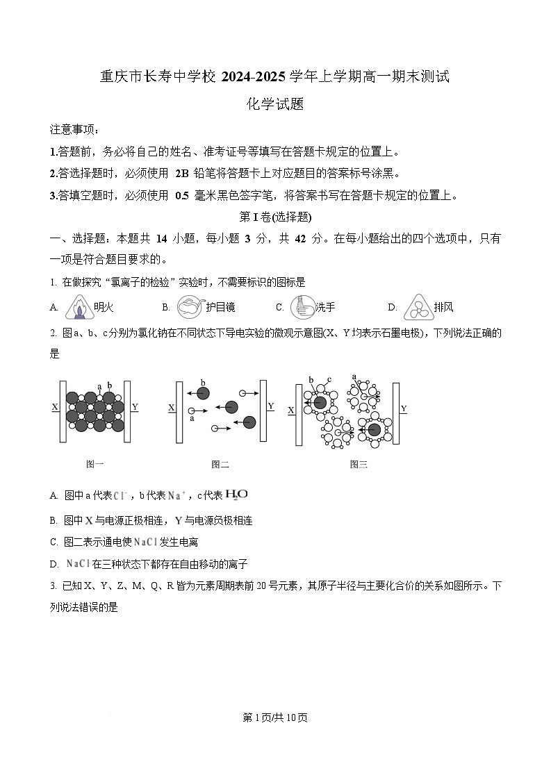 重庆市长寿中学2024-2025学年高一上学期1月期末考试 化学试题（原卷版）第1页