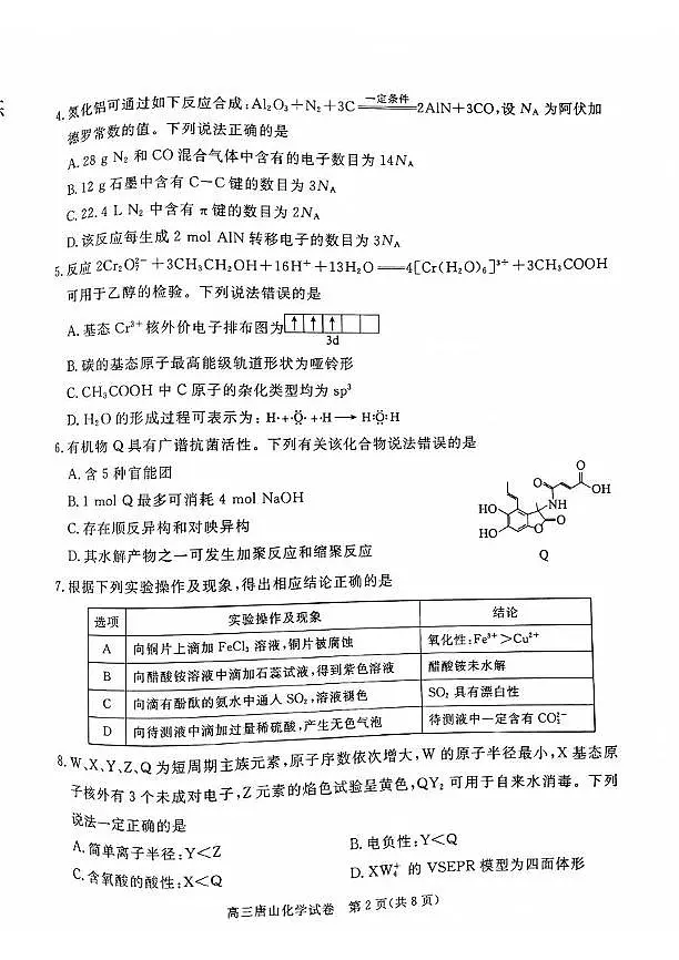河北省唐山市2025届高三一模化学试题第2页