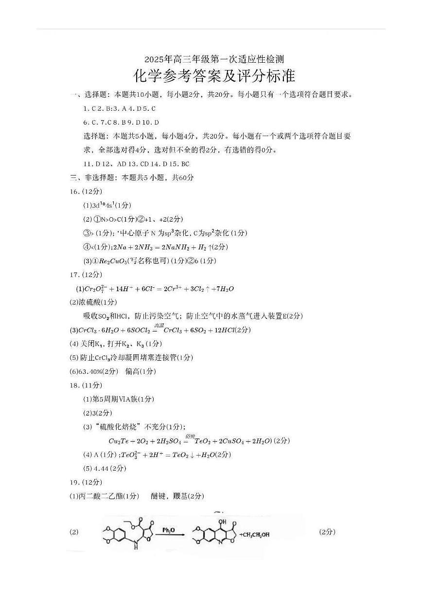 2025届山东青岛一模化学答案第1页