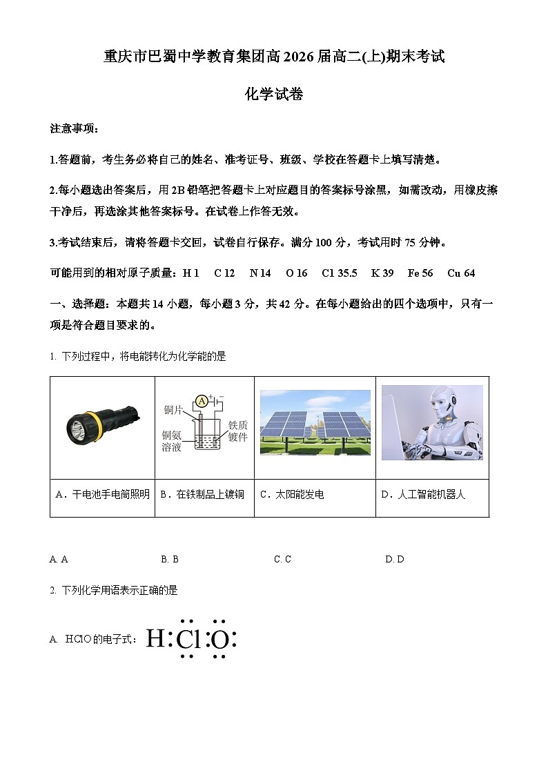 重庆市巴蜀中学校2024-2025学年高二上学期1月期末考试化学试题（含答案）第1页