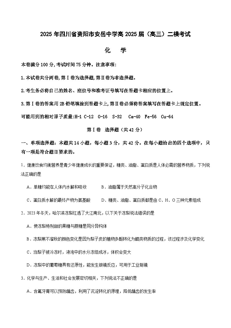 四川省资阳市安岳中学2025届高三下学期二模化学试题（含答案）第1页