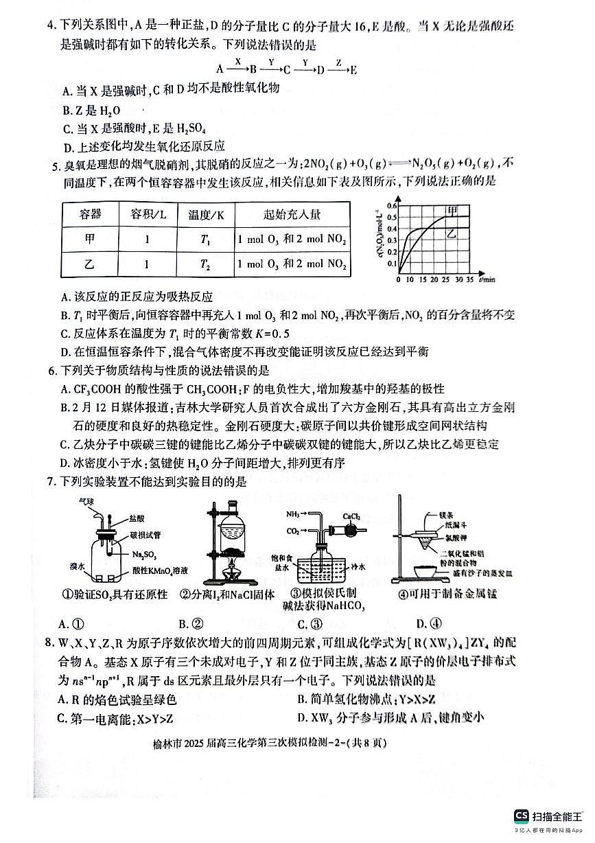 陕西省榆林市2025届高三下学期3月第三次模拟检测试题化学试题第2页