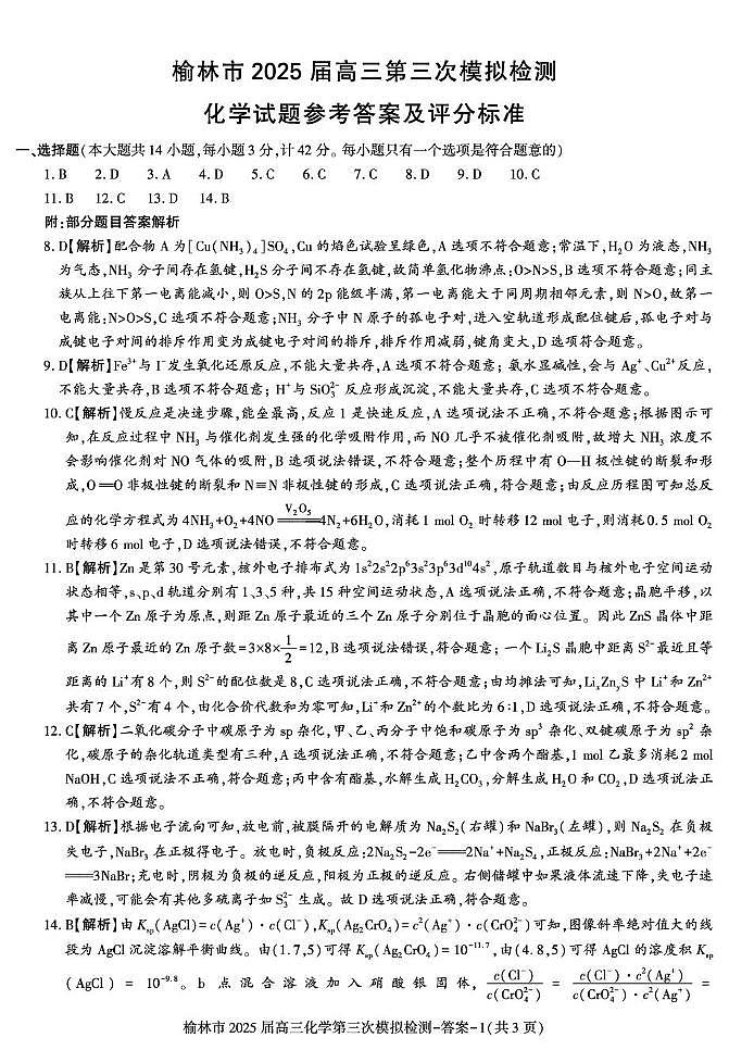陕西省榆林市2025届高三下学期3月第三次模拟检测试题答案（化学）第1页