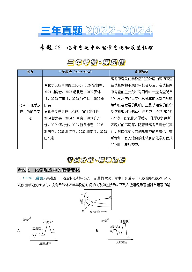 专题06 化学反应中的能量变化和反应机理-三年（2022-2024）高考化学真题分类汇编（全国通用）（学生卷）第1页
