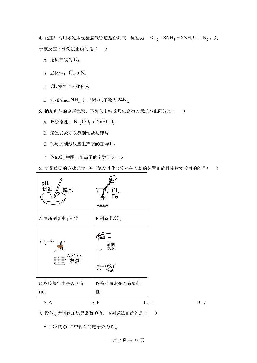 广东实验中学2024-2025学年高一下学期开学考 化学（含答案）第2页