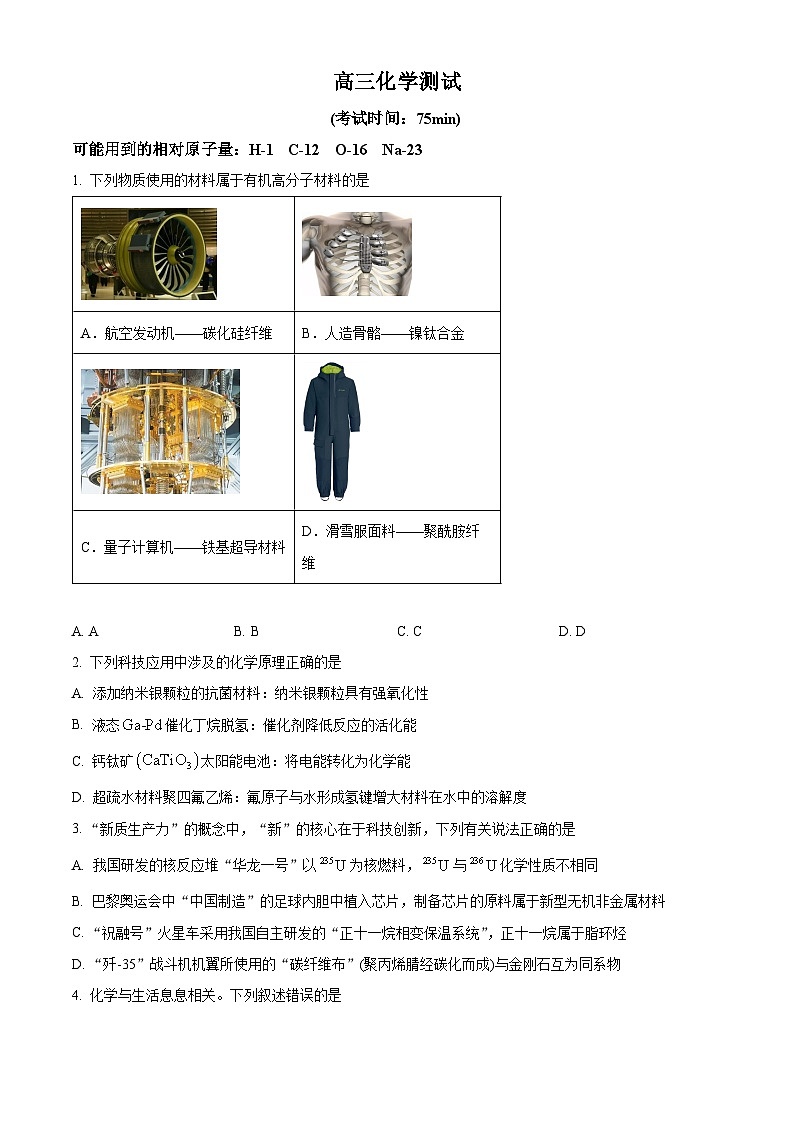 广东省深圳市高级中学2024-2025学年高三下学期开学考试 化学试题（原卷版+解析版）第1页