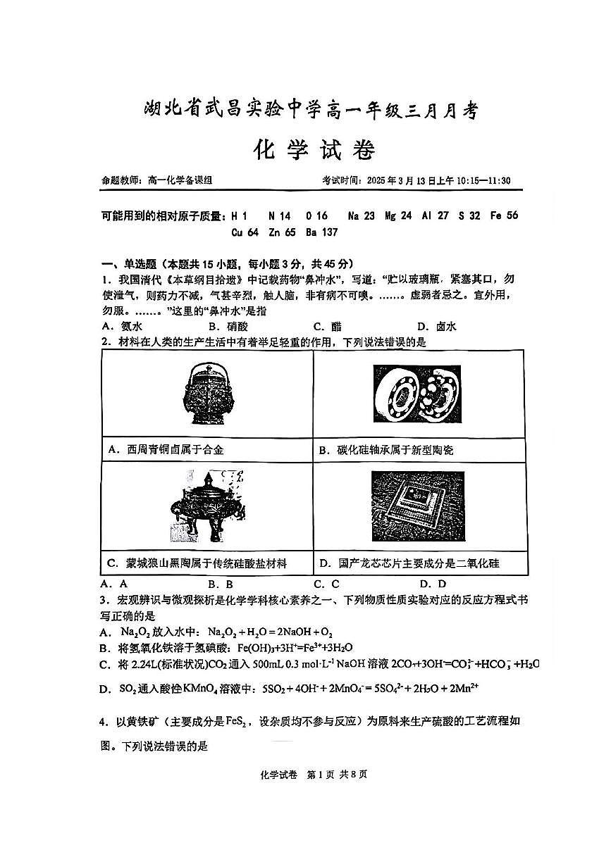 湖北省武昌实验中学2024-2025学年高一下学期三月月考化学试卷第1页