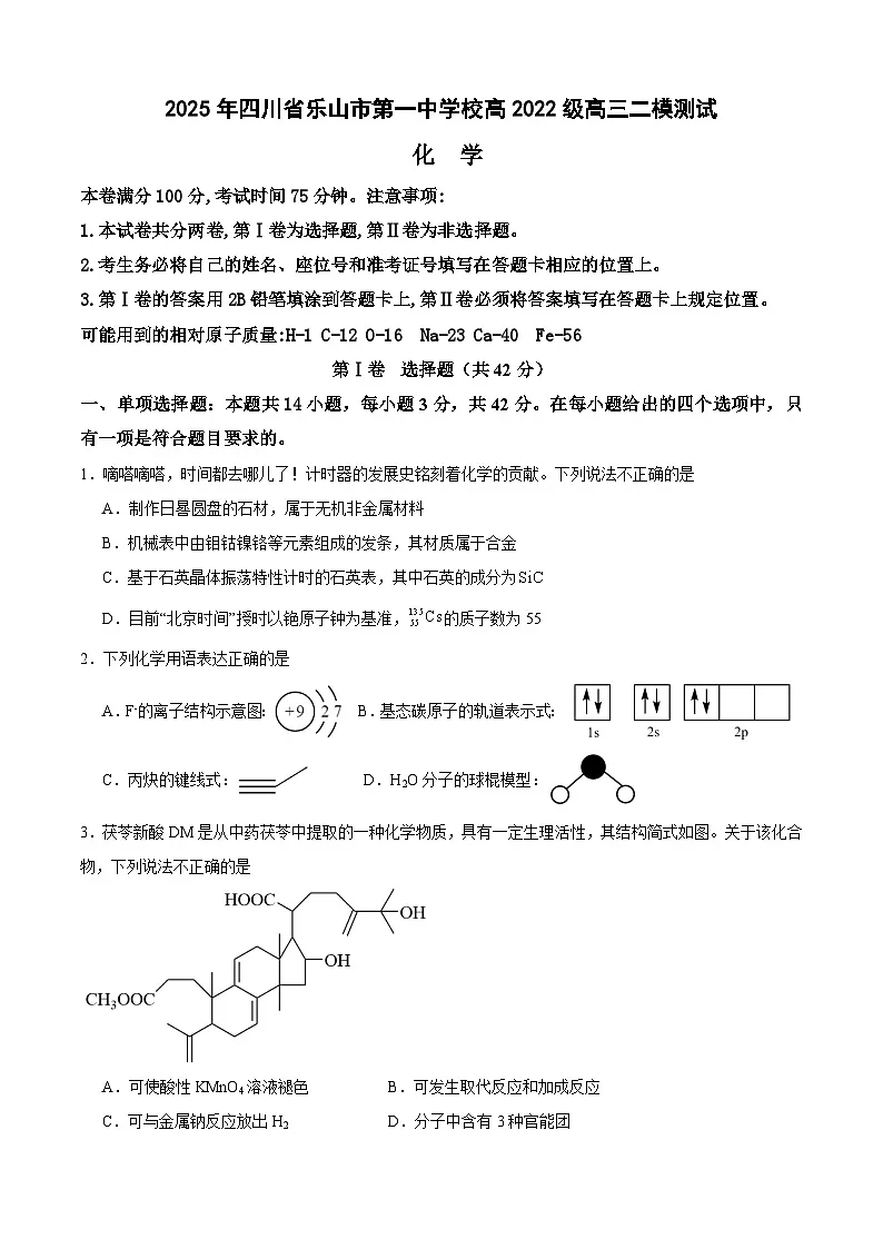 2025乐山一中高三下学期3月二模试题化学含答案第1页