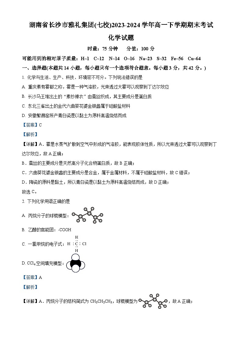 湖南省长沙市雅礼中学2023-2024学年高一下学期期末考试化学试卷 含解析第1页