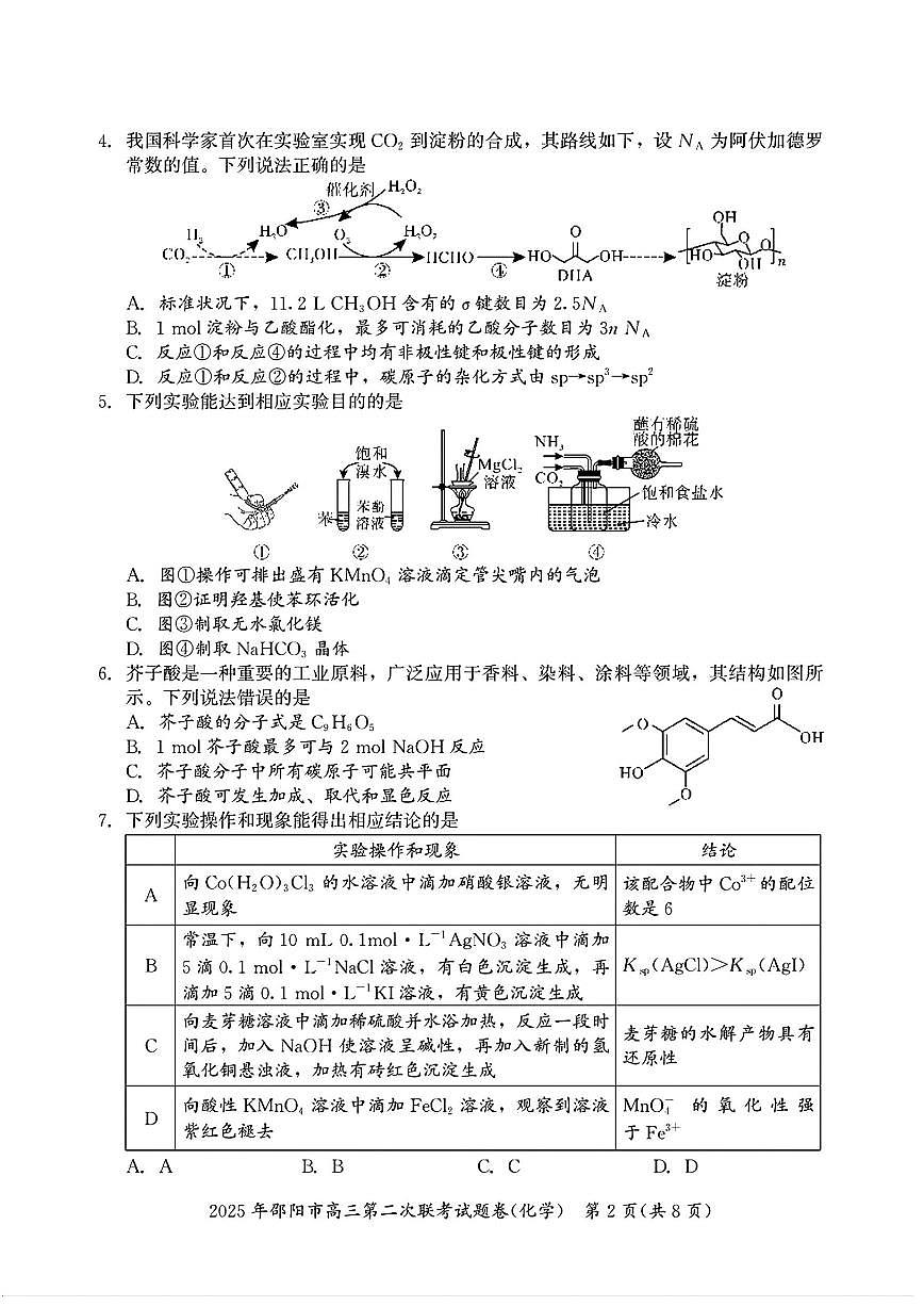 湖南省邵阳市2024-2025学年高三下学期3月第二次联考化学试题及答案第2页