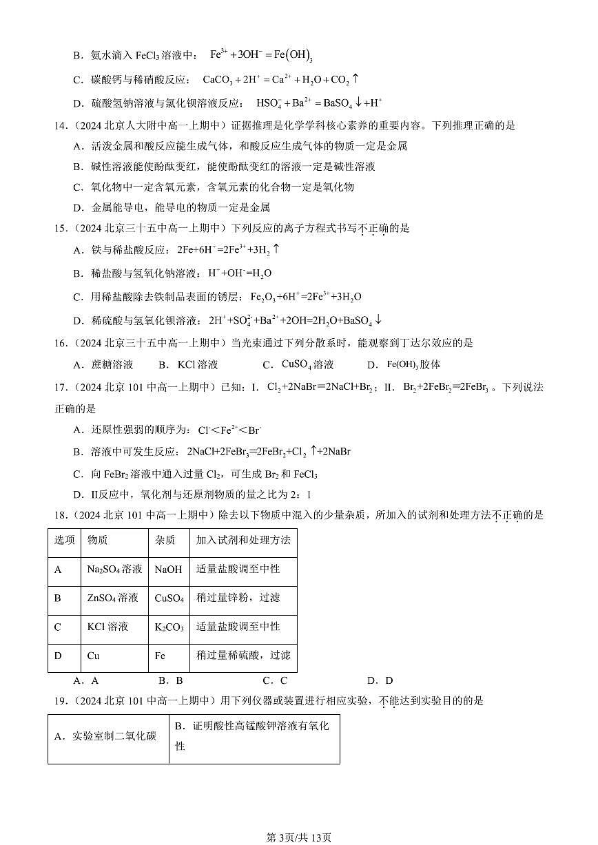 2024北京重点校高一（上）期中真题化学汇编：物质及其变化章节综合（单选题）1第3页