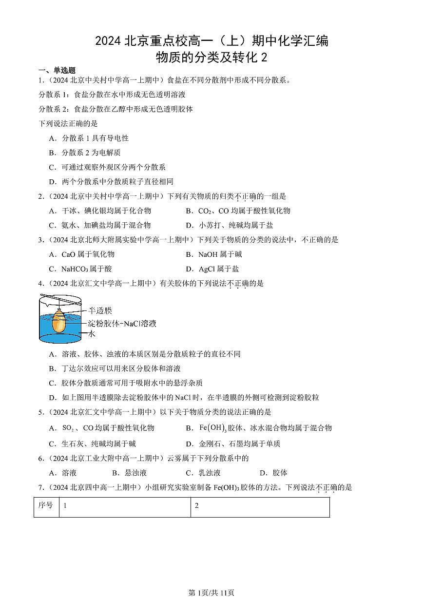 2024北京重点校高一（上）期中真题化学汇编：物质的分类及转化2第1页