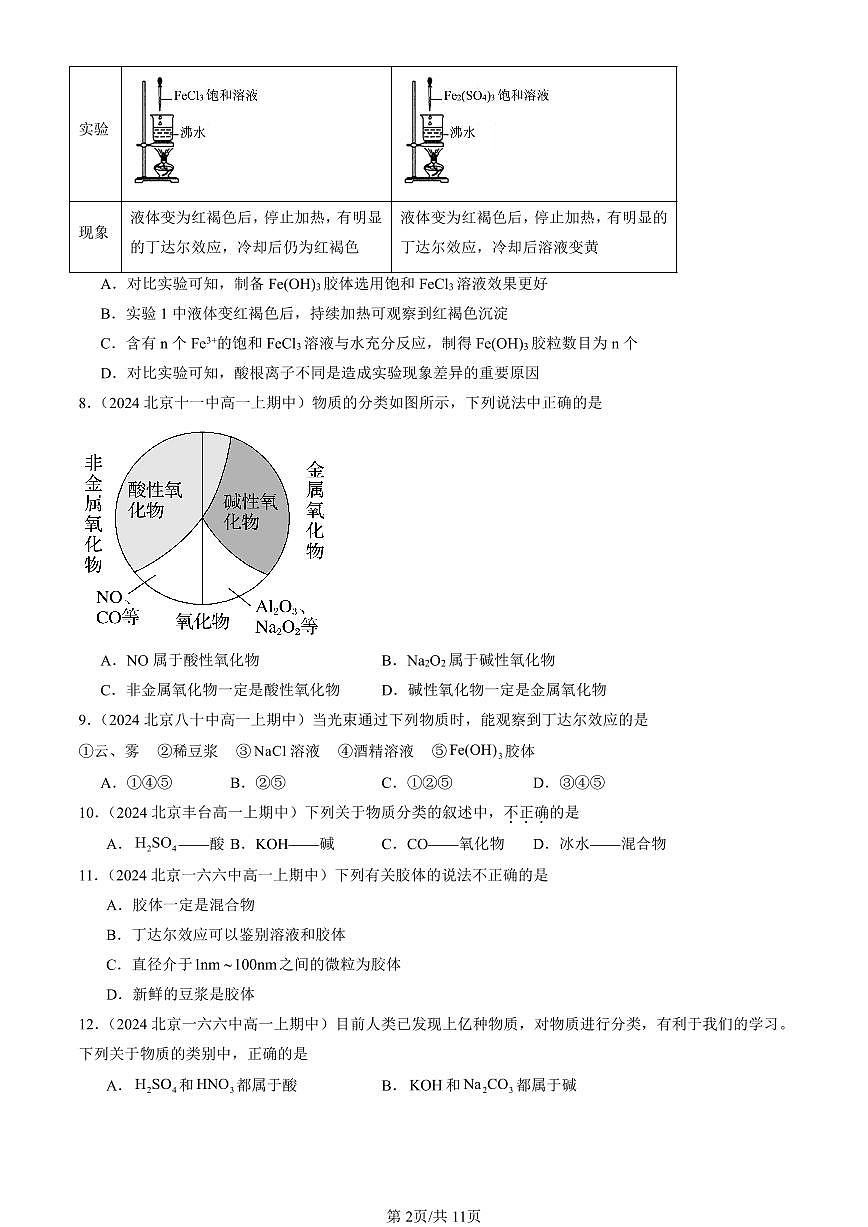2024北京重点校高一（上）期中真题化学汇编：物质的分类及转化2第2页