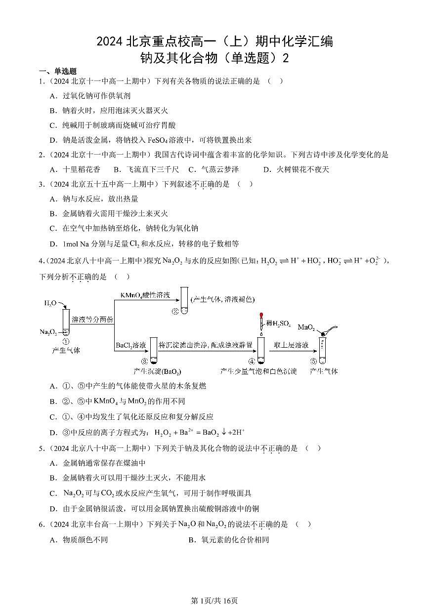 2024北京重点校高一（上）期中真题化学汇编：钠及其化合物（单选题）2第1页