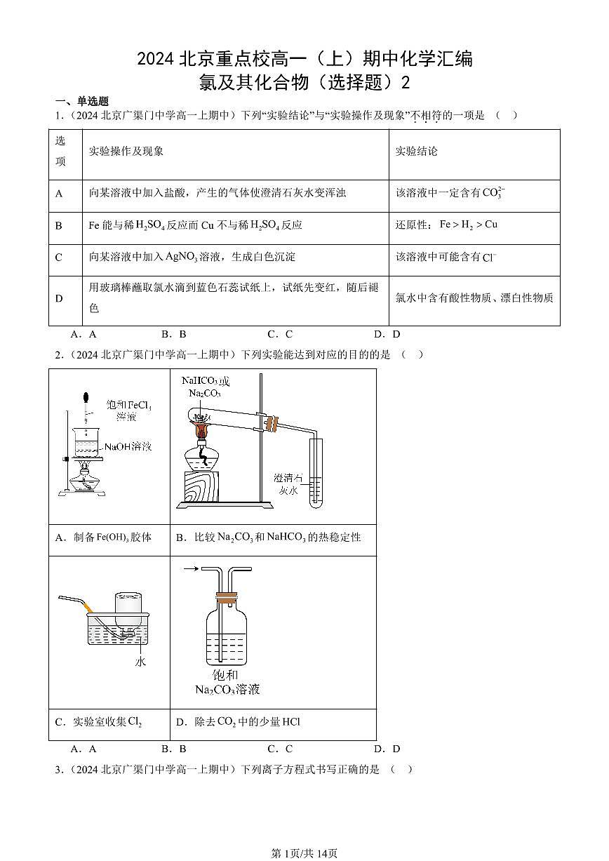2024北京重点校高一（上）期中真题化学汇编：氯及其化合物（选择题）2第1页