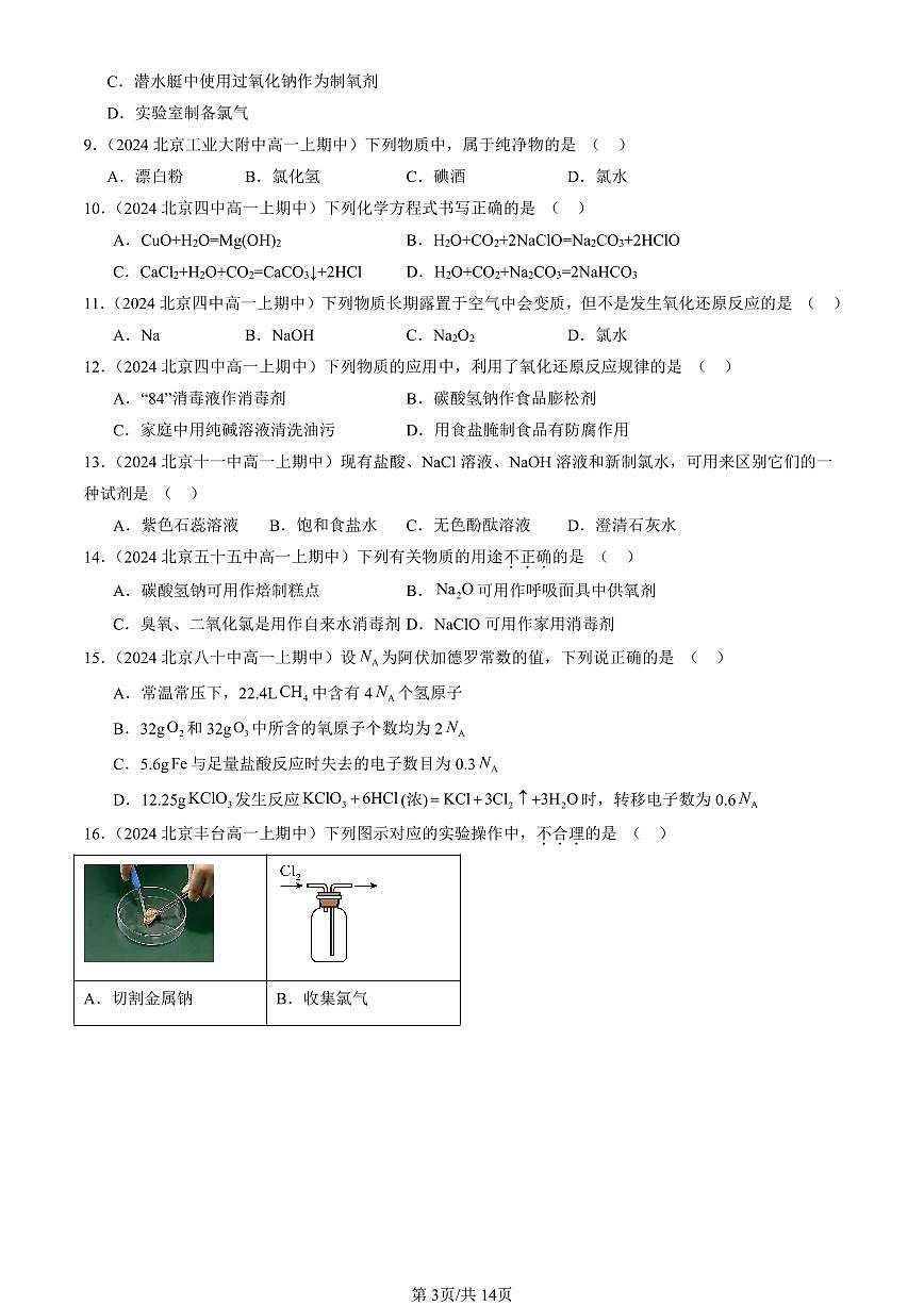 2024北京重点校高一（上）期中真题化学汇编：氯及其化合物（选择题）2第3页