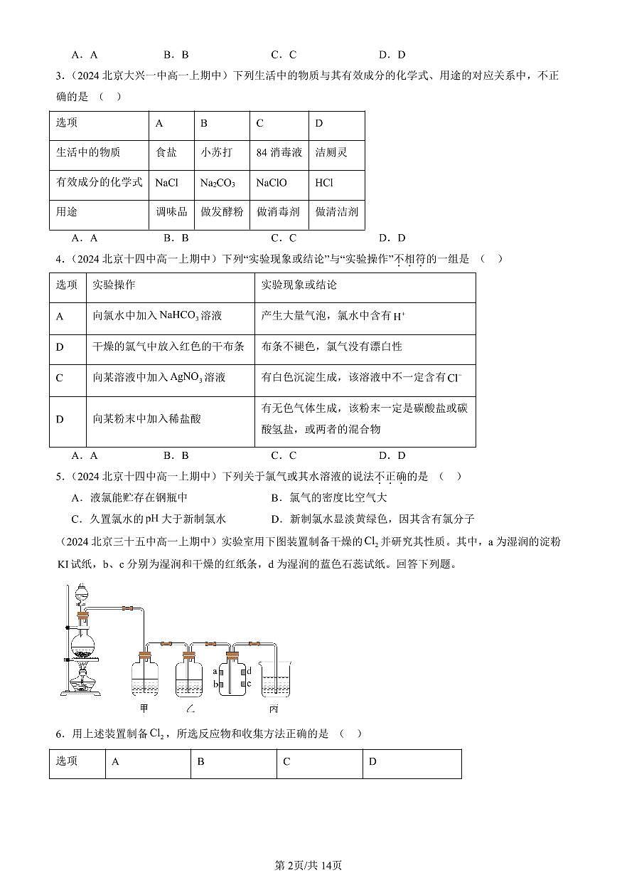 2024北京重点校高一（上）期中真题化学汇编：氯及其化合物（选择题）1第2页