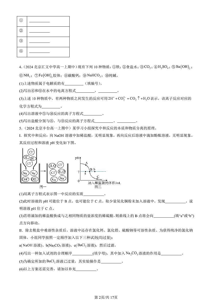 2024北京重点校高一（上）期中真题化学汇编：离子反应（非选择题）第2页