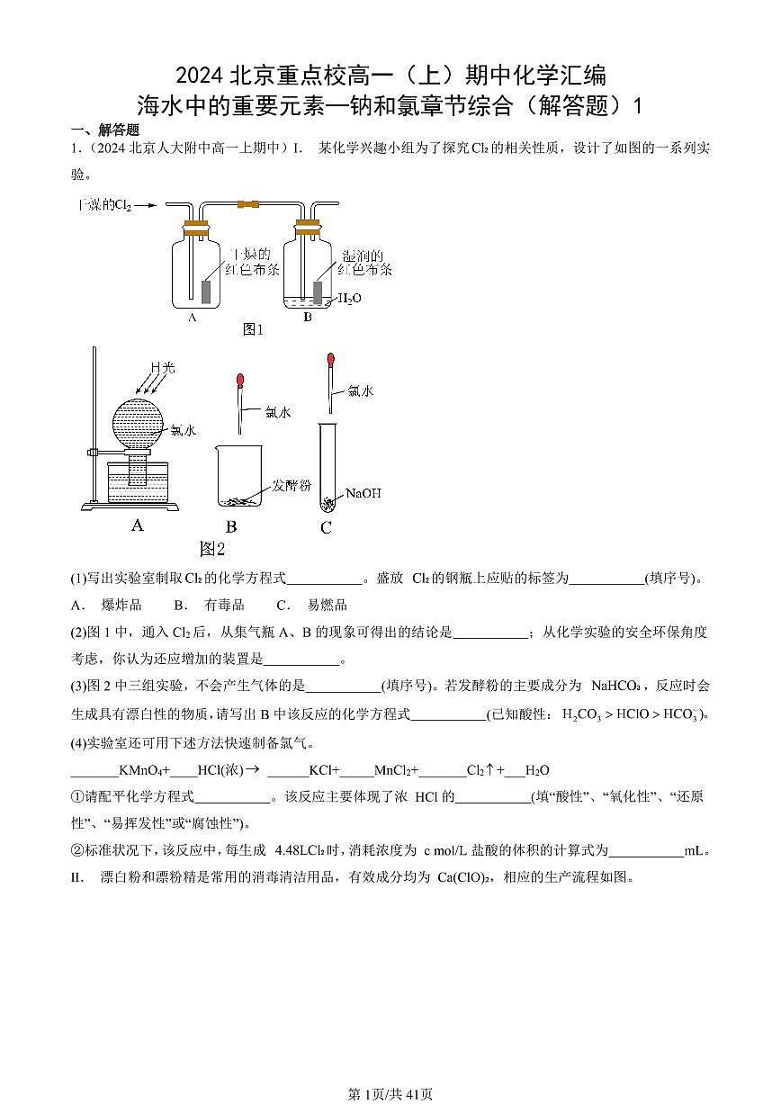 2024北京重点校高一（上）期中真题化学汇编：海水中的重要元素—钠和氯章节综合（解答题）1第1页