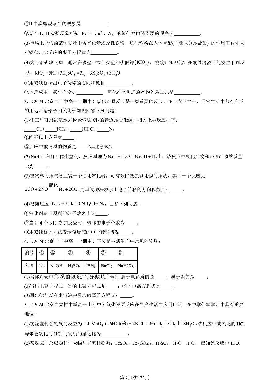 2024北京重点校高一（上）期中真题化学汇编：物质及其变化章节综合（填空题）第2页