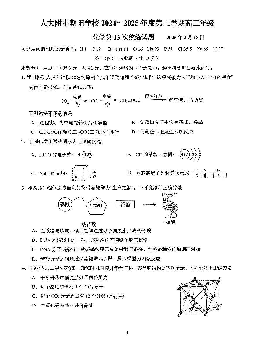 2025北京人大附中朝阳学校高三（下）月考统练十三化学试卷第1页