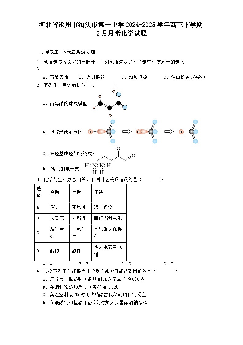 河北省沧州市泊头市第一中学2024-2025学年高三下学期2月月考化学试题第1页