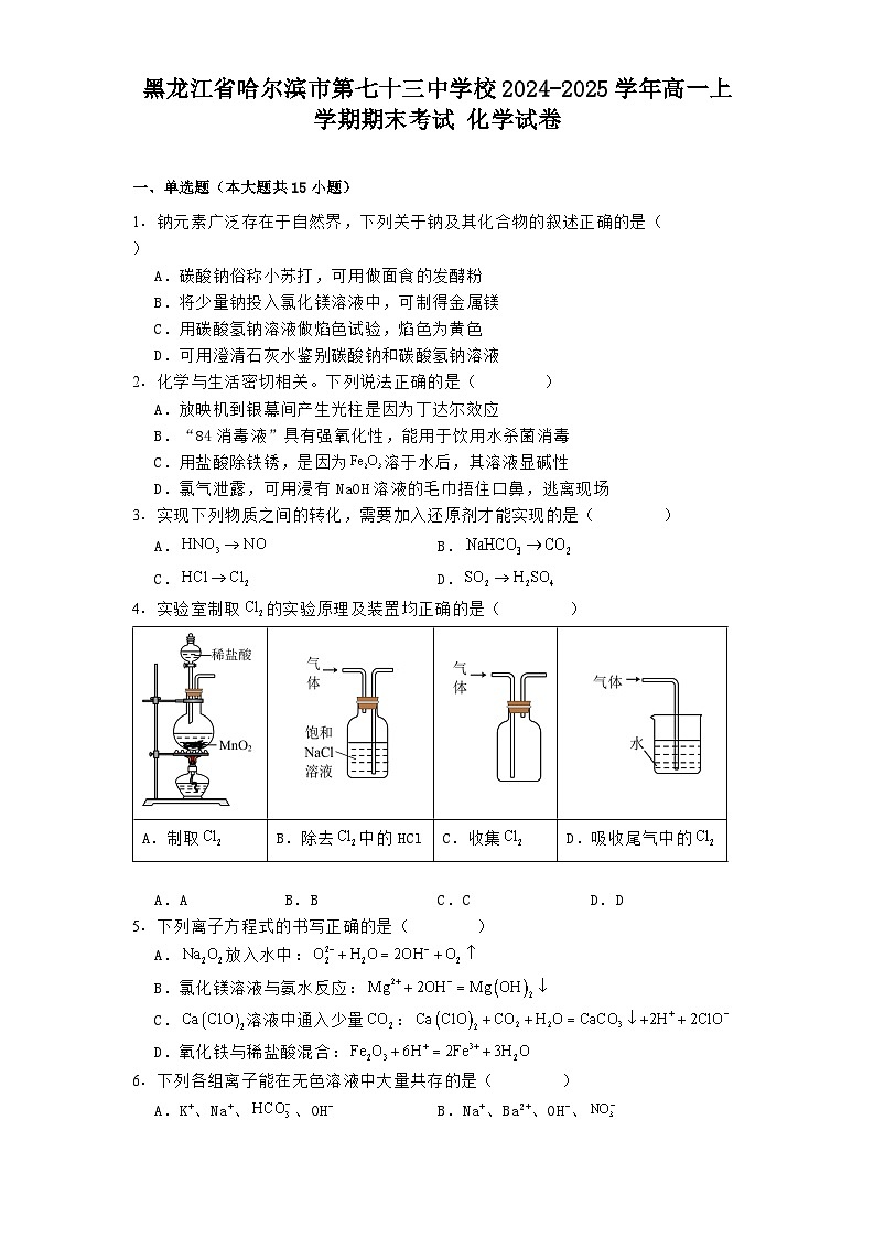 黑龙江省哈尔滨市第七十三中学校2024-2025学年高一上学期期末考试 化学试卷第1页